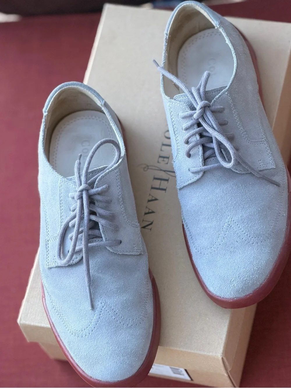 Cole Haan Air Jasper Wingtip Oxfords – Smoke Shade Suede with Red Sole